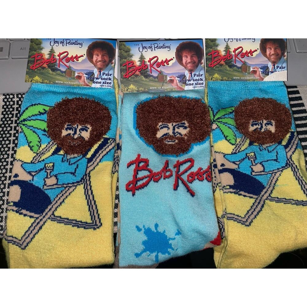 3 Pairs Of Bob Ross Joy Of Painting Crew Socks Unisex One Size